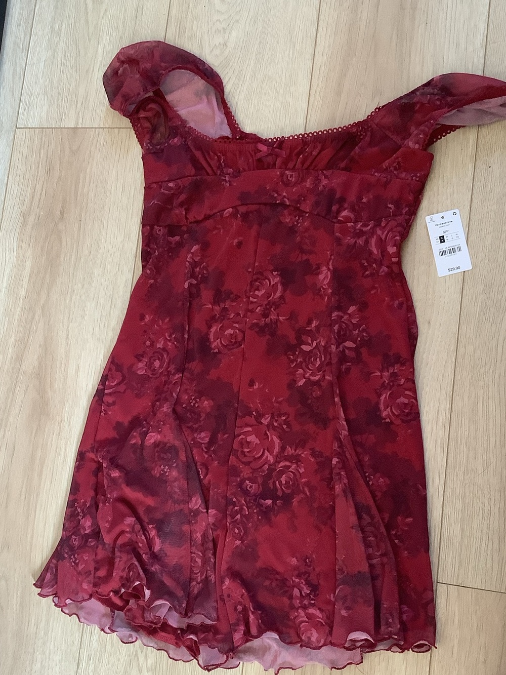 Ardene Burgundy Rose-Print Mesh Mini Dress